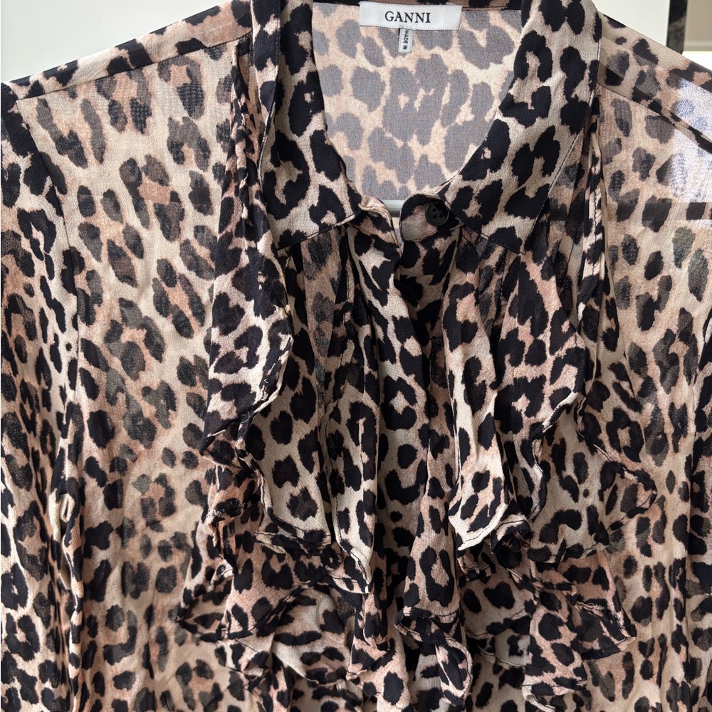 GANNI leopard 🐆 blouse button down shirt top long sleeves 34 XS - Picture 4 of 10